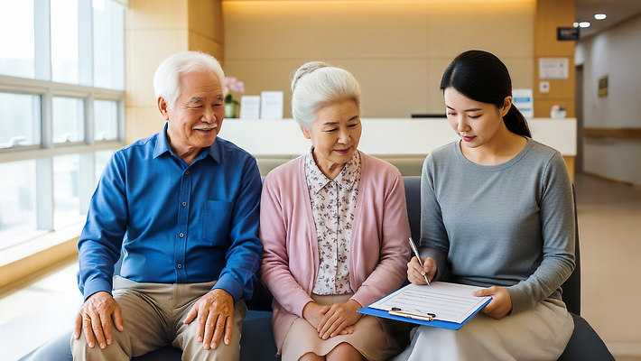 JPG 편집이미지 부부 노년 안내 건강 병원 치료 환자 간호사 기록 분위기 편안함 상담 건강검진 대기실 의사소통 의료성형뷰티 편집실사 AI인물포토 AI콘텐츠 커플 컨셉 의학 성인 공간 의료진 감각 CG 검사_조사 파일형식 AI포토