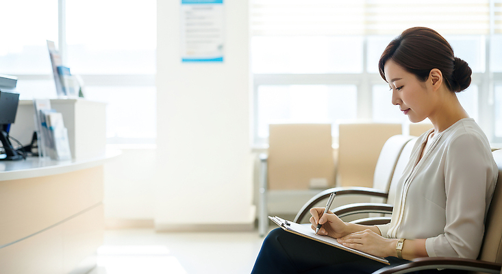 JPG 편집이미지 여자 종이 모션 병원 필기구 공간 의사 메모지 편안함 집중 상담 정리 조용 건강검진 대기실 의료성형뷰티 편집실사 AI인물포토 AI콘텐츠 컨셉 의학 문구용품 사람 사무용품 의료진 감각 CG 검사_조사 파일형식 AI포토