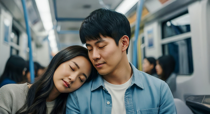 JPG 편집이미지 커플 여자 남자 휴식 대중교통 사랑 여러명 도시 전철 편안함 어깨 장면 승객 의료성형뷰티 편집실사 AI인물포토 AI콘텐츠 감정 육상교통 교통수단 다수 컨셉 관계 사람 신체부위 감각 CG 파일형식 AI포토
