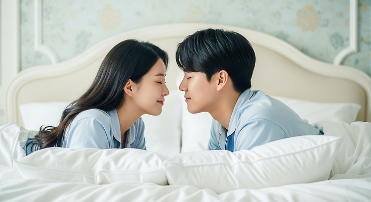 JPG 편집이미지 커플 행복 감정 관계 표정 대화 사랑 침실 침대 연결 편안함 순간 의료성형뷰티 편집실사 AI인물포토 AI콘텐츠 가구 말하기 감각 CG 파일형식 AI포토