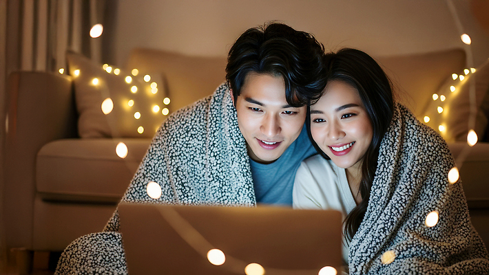 JPG 편집이미지 커플 함께함 따뜻함 대화 사랑 미소 웃음 노트북 스크린 방 밤 담요 즐거움 의료성형뷰티 편집실사 AI인물포토 AI콘텐츠 감정 컨셉 관계 표정 말하기 전자제품 견과류 CG 파일형식 AI포토