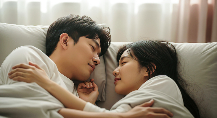 JPG 편집이미지 커플 행복 감정 관계 사랑 미소 침대 잠 편안함 소통 의료성형뷰티 편집실사 AI인물포토 AI콘텐츠 가구 컨셉 표정 감각 CG 파일형식 AI포토