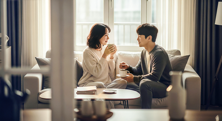 JPG 편집이미지 커플 행복 여유 커피 거실 아침 실내 따뜻함 대화 사랑 일상 소파 햇빛 편안함 의료성형뷰티 편집실사 AI인물포토 AI콘텐츠 주간 감정 음료 의자 관계 말하기 내부 라이프 태양 감각 CG 파일형식 AI포토