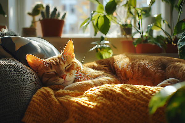 JPG 식물 동물 편집이미지 주택 실내 일상 햇빛 주황색 고양이 편안함 담요 창가 낮잠 편집실사 AI포토 AI콘텐츠 컬러 창문 포유류 내부 건물 라이프 반려동물 태양 잠 감각 CG 파일형식