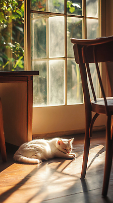JPG 편집이미지 주택 실내 따뜻함 햇빛 평화 고양이 잠 편안함 창가 나무바닥 조용 편집실사 AI포토 AI콘텐츠 컨셉 창문 포유류 바닥 내부 건물 반려동물 태양 감각 CG 파일형식