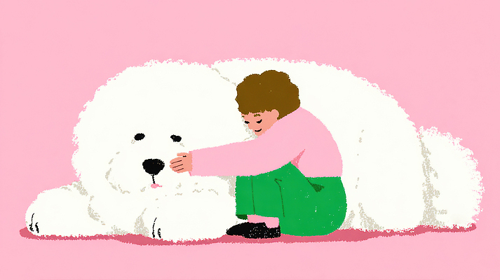 JPG 동물 행복 어린이 분홍색 일러스트 가족 모션 놀이 휴식 털 사랑 친구 우정 기쁨 강아지 포근함 편안함 소통 교감 순간 국내일러스트 AI일러스트 AI콘텐츠 감정 컬러 컨셉 관계 사람 반려동물 감각 개 파일형식