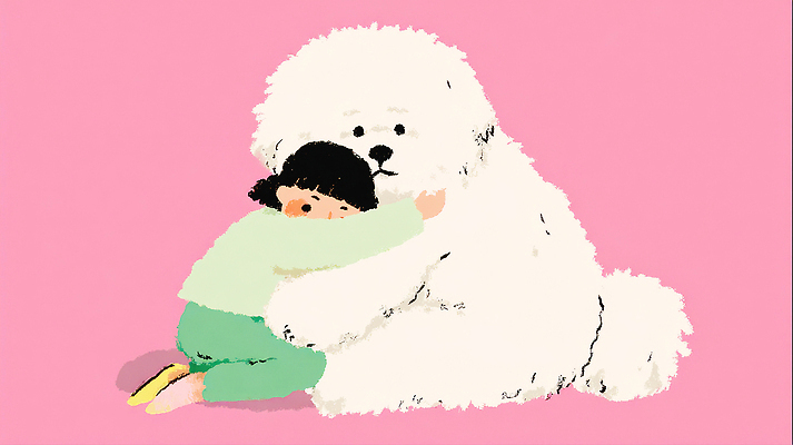 JPG 동물 행복 어린이 분홍색 일러스트 관계 포옹 따뜻함 사랑 친구 귀여움 강아지 고독 콜리 위로 순간 유대감 국내일러스트 AI일러스트 AI콘텐츠 감정 컬러 컨셉 안기 사람 반려동물 개 파일형식