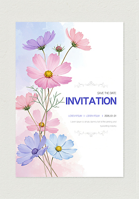 PSD 편집이미지 디자인 기념일 분홍색 수채화 이벤트 그래픽 장식 보라색 축하 코스모스 그림 초대장 감성 이미지편집 꽃 컬러 컨셉 카드_감사 파일형식