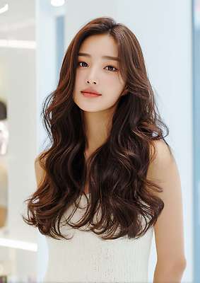 JPG 편집이미지 긴머리 헤어스타일 여자 패션 미소 화장 뷰티 파마 의료성형뷰티 편집실사 AI인물포토 AI콘텐츠 표정 사람 CG 파일형식 AI포토