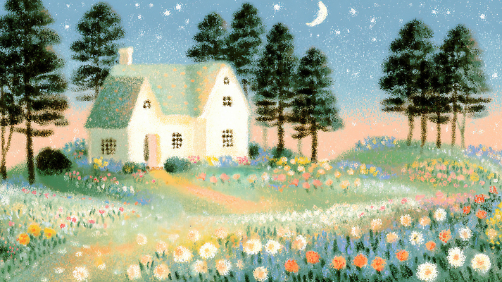 JPG 나무 꽃 감정 별 일러스트 자연 하늘 주택 사람 풍경 잔디 평화 정원 달 분위기 저녁 편안함 그림 뷰티풀 색감 국내일러스트 AI일러스트 AI콘텐츠 자연요소 식물 컨셉 건물 감각 야간 생태계 파일형식