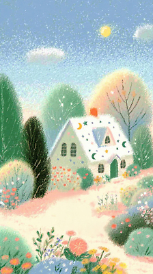 JPG 나무 식물 꽃 별 컬러 일러스트 자연 아침 거리 주택 풍경 장식 햇빛 평화 귀여움 정원 달 그림 조화 국내일러스트 AI일러스트 AI콘텐츠 주간 자연요소 컨셉 건물 태양 생태계 파일형식