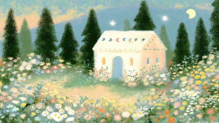 JPG 나무 꽃 별 일러스트 자연 나뭇잎 주택 풍경 여름 평화 정원 일몰 안개 달 저녁 조화 뷰티풀 색감 아기자기 국내일러스트 AI일러스트 AI콘텐츠 자연요소 식물 계절 컨셉 잎 날씨 건물 노을 야간 생태계 파일형식