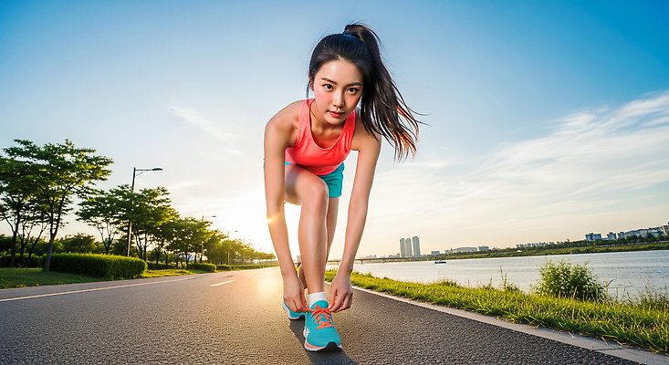 JPG 편집이미지 라이프스타일 공원 여자 운동화 건강 운동복 조깅 운동 햇빛 스트레칭 활발 스니커즈 준비 길가 러닝 오후 의료성형뷰티 편집실사 AI인물포토 AI콘텐츠 옷 공공시설 신발 컨셉 사람 생활 태양 CG 파일형식 AI포토