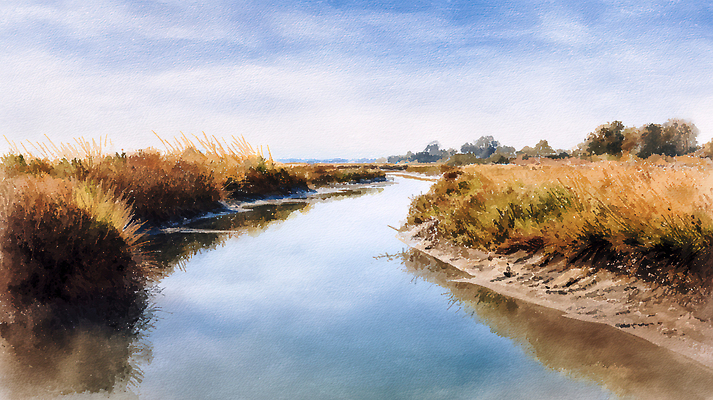 JPG 나무 구름 일러스트 자연 하늘 생물 갈대 풍경 초원 물 여름 강 반사 평화 생태계 조용 색감 오후 경관 국내일러스트 AI일러스트 AI콘텐츠 자연요소 식물 계절 컨셉 파일형식