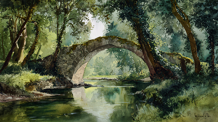 JPG 나무 일러스트 자연 생명 풍경 물 여름 파란색 강 햇빛 반사 고요 숲 그림 아치 조용 색감 오후 가교 차분 국내일러스트 AI일러스트 AI콘텐츠 자연요소 식물 건축물 계절 컬러 컨셉 태양 생태계 파일형식