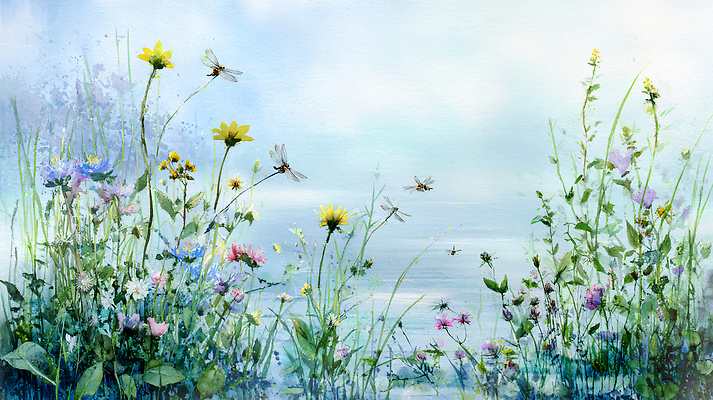 JPG 식물 꽃 일러스트 자연 하늘 생명 해바라기 밝음 여름 파란색 태양 반사 평화 들꽃 연못 수면 연습 생태계 뷰티풀 산들바람 경관 국내일러스트 AI일러스트 AI콘텐츠 자연요소 계절 컬러 컨셉 바람 풍경 물 파일형식