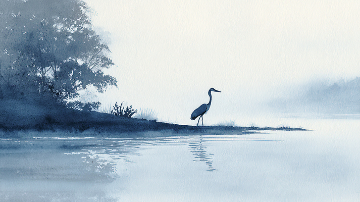 JPG 식물 동물 일러스트 자연 조류 하늘 아침 풍경 물 반사 평화 안개 물가 습지 생태 숲 왜가리 조용 뷰티풀 국내일러스트 AI일러스트 AI콘텐츠 주간 자연요소 컨셉 날씨 생태계 파일형식