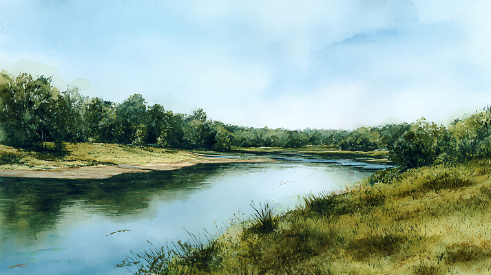 JPG 나무 여유 일러스트 자연 하늘 풍경 물 강 평화 맑음 고요 흐름 수면 숲 생태계 청명 국내일러스트 AI일러스트 AI콘텐츠 자연요소 식물 감정 컨셉 날씨 파일형식