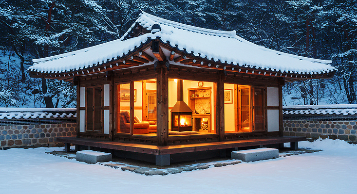 JPG 편집이미지 한국문화 전통 겨울 조명 한옥 한국 빛 눈 저녁 편안함 뷰티풀 겨울풍경 편집실사 AI포토 AI콘텐츠 한옥스테이 자연요소 동양문화 한국전통 계절 아시아 고건축 날씨 풍경 감각 야간 CG 숙박 파일형식