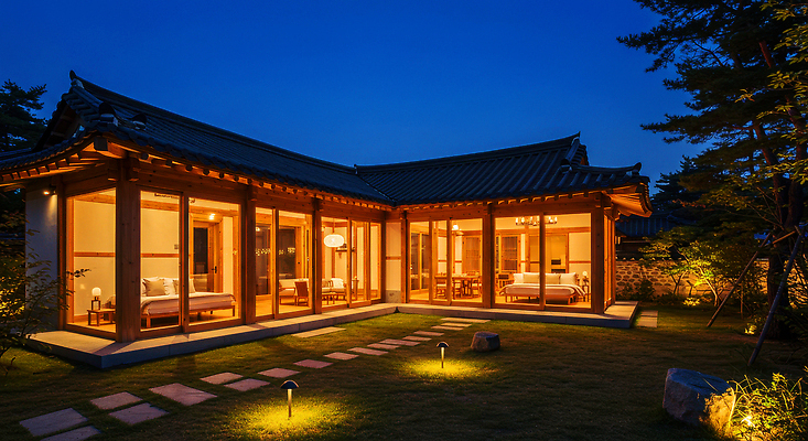 JPG 편집이미지 건축 문화 자연 휴식 조명 한옥 한국 풍경 빛 평화 정원 저녁 조경 뷰티풀 고택 편집실사 AI포토 AI콘텐츠 한옥스테이 한국전통 건축물 아시아 컨셉 고건축 야간 CG 생태계 숙박 파일형식