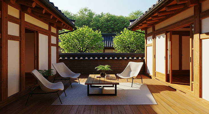 JPG 나무 편집이미지 디자인 고건축 의자 한옥 한국 대화 풍경 햇빛 정원 편안함 나무바닥 녹지 오후 편집실사 AI포토 AI콘텐츠 한옥스테이 식물 한국전통 건축물 아시아 가구 바닥 말하기 태양 감각 CG 숙박 파일형식