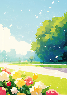 JPG 나무 공원 꽃 행복 여유 컬러 일러스트 자연 하늘 따뜻함 풍경 일상 청춘 햇빛 평화 봄 산책 즐거움 장면 발견 국내일러스트 AI일러스트 AI콘텐츠 식물 계절 공공시설 감정 컨셉 휴식 라이프 태양 생태계 파일형식