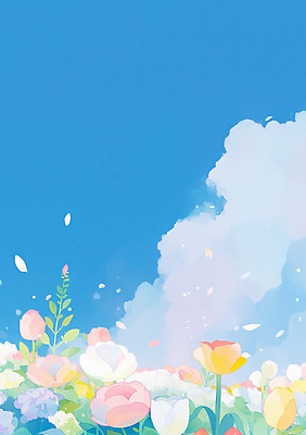 JPG 식물 꽃잎 꽃 화초 컬러 일러스트 자연 하늘 생명 바람 밝음 풍경 파란색 햇빛 평화 봄 화사함 조화 만개 뷰티풀 환상 국내일러스트 AI일러스트 AI콘텐츠 자연요소 계절 컨셉 날씨 태양 생태계 파일형식