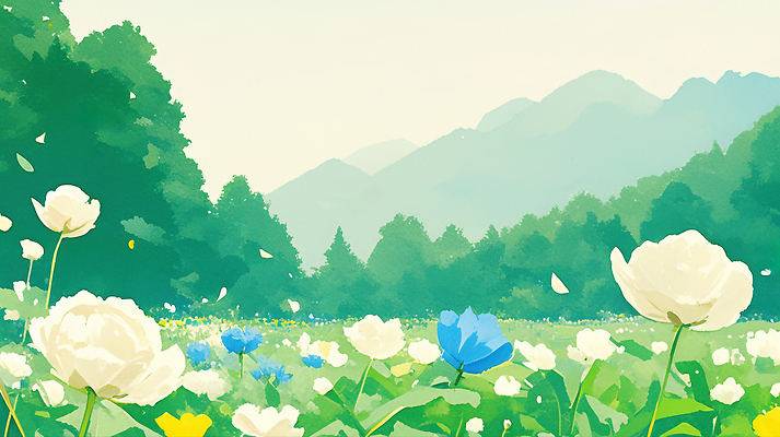 JPG 나무 꽃 감정 컬러 꽃밭 일러스트 자연 하늘 바람 산 풍경 잔디 초원 초록색 여름 소풍 평화 시원함 뷰티풀 국내일러스트 AI일러스트 AI콘텐츠 자연요소 식물 계절 컨셉 날씨 야외활동 생태계 파일형식