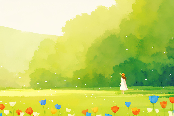 JPG 헤어스타일 드레스 꽃 여유 컬러 일러스트 자연 풍경 소녀 초원 여름 햇빛 봄 감상 자유 시간 뷰티풀 산들바람 국내일러스트 AI일러스트 AI콘텐츠 식물 옷 계절 여자 감정 어린이 컨셉 바람 태양 생태계 파일형식