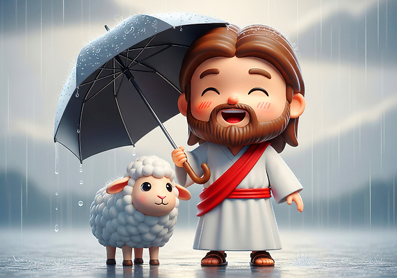 JPG 동물 편집이미지 캐릭터 행복 종교 백그라운드 우산 자연 귀여움 성경 기쁨 양 예수 비 이미지편집 AI컴퓨터그래픽 AI콘텐츠 자연요소 감정 컨셉 종교용품 포유류 날씨 신_종교 생태계 파일형식