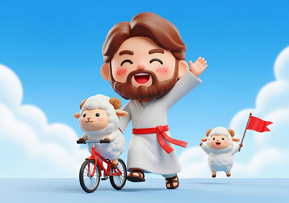 JPG 편집이미지 캐릭터 컬러 놀이 하늘 풍경 파란색 자전거 활발 양 예수 즐거움 장면 가벼움 이미지편집 AI컴퓨터그래픽 AI콘텐츠 감정 컨셉 포유류 바이크 신_종교 무게 파일형식