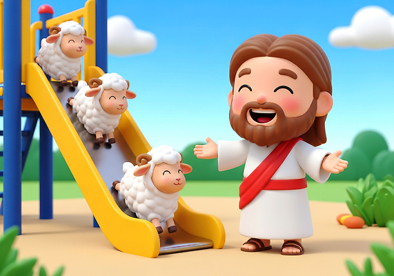 JPG 편집이미지 가족 모션 놀이 사랑 야외 햇빛 양 예수 미끄럼틀 놀이기구 즐거움 소통 돌봄 이미지편집 AI컴퓨터그래픽 AI콘텐츠 감정 컨셉 포유류 관계 태양 신_종교 파일형식