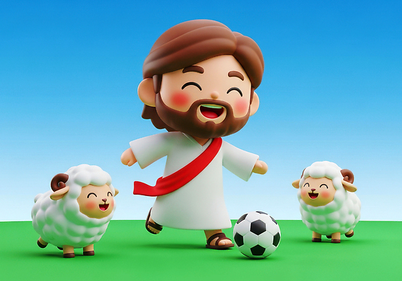 JPG 동물 편집이미지 캐릭터 행복 가족 놀이 웃음 초원 운동 축구 양 예수 즐거움 이미지편집 AI컴퓨터그래픽 AI콘텐츠 감정 포유류 관계 표정 건강 구기 신_종교 파일형식