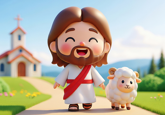 JPG 편집이미지 캐릭터 행복 종교 자연 풍경 햇빛 교회 평화 걷기 귀여움 양 예수 순수 이미지편집 AI컴퓨터그래픽 AI콘텐츠 감정 컨셉 포유류 종교건축 모션 건물 태양 신_종교 생태계 파일형식