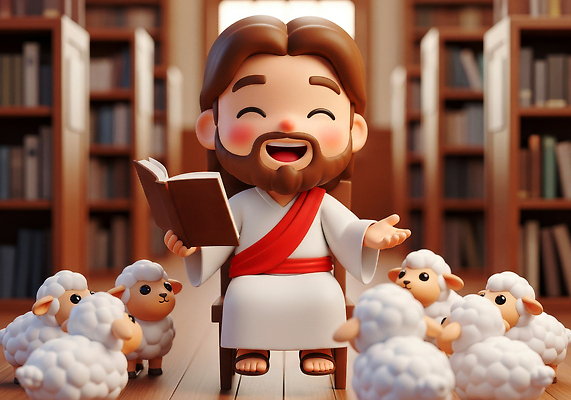 JPG 편집이미지 캐릭터 교육 행복 상상 이야기 책 독서 귀여움 양 예수 분위기 도서관 교훈 이미지편집 AI컴퓨터그래픽 AI콘텐츠 감정 컨셉 포유류 신_종교 파일형식