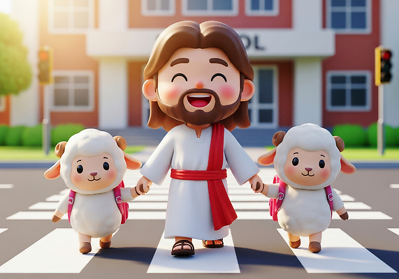 JPG 편집이미지 캐릭터 길 인형 학교 건물 부모 햇빛 걷기 귀여움 양 예수 횡단보도 이미지편집 AI컴퓨터그래픽 AI콘텐츠 건축물 교육 컨셉 포유류 가족 모션 태양 신_종교 보행로 파일형식