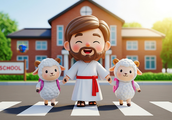 JPG 편집이미지 캐릭터 교육 도로 상징 학교 사랑 웃음 안전 친구 햇빛 유치원 양 예수 건너기 이미지편집 AI컴퓨터그래픽 AI콘텐츠 감정 길 포유류 관계 교통시설 모션 표정 태양 신_종교 파일형식