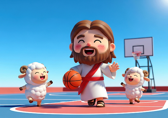 JPG 편집이미지 컬러 모션 놀이 하늘 농구 웃음 친구 운동 양 예수 즐거움 그림 농구장 이미지편집 AI컴퓨터그래픽 AI콘텐츠 감정 포유류 스포츠시설 관계 표정 건강 구기 신_종교 파일형식