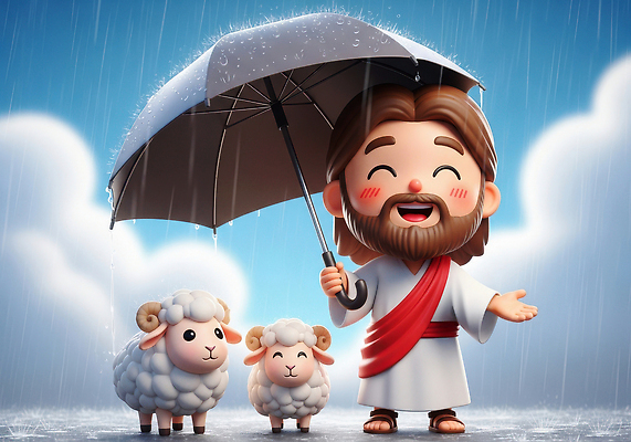 JPG 편집이미지 캐릭터 행복 종교 우산 자연 따뜻함 대화 사랑 풍경 친구 기쁨 양 예수 비 이미지편집 AI컴퓨터그래픽 AI콘텐츠 자연요소 감정 포유류 관계 날씨 말하기 신_종교 생태계 파일형식