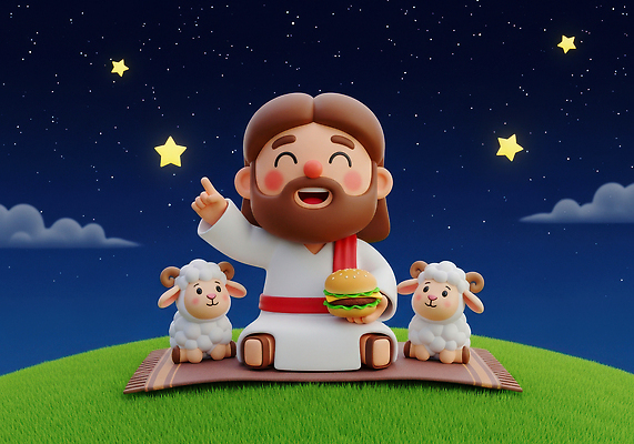 JPG 편집이미지 캐릭터 행복 별 상징 밤하늘 이야기 잔디 친구 햄버거 양 예수 이미지편집 AI컴퓨터그래픽 AI콘텐츠 자연요소 식물 감정 포유류 관계 하늘 패스트푸드 신_종교 야간 파일형식