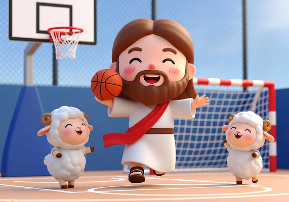 JPG 편집이미지 캐릭터 스포츠 가족 모션 놀이 농구 운동 햇빛 기쁨 양 예수 즐거움 농구장 이미지편집 AI컴퓨터그래픽 AI콘텐츠 감정 포유류 스포츠시설 관계 건강 태양 구기 신_종교 파일형식
