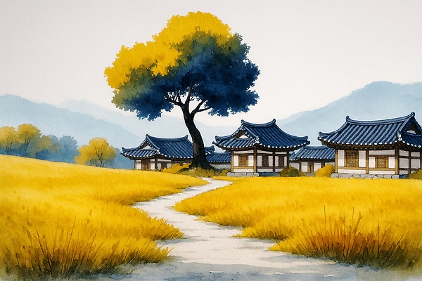 JPG 나무 전통 길 여행 일러스트 자연 한옥 한국 풍경 초원 햇빛 노란색 평화 가을 농촌 저녁 조용 방문객 오후 국내일러스트 AI일러스트 AI콘텐츠 식물 한국전통 계절 아시아 컬러 컨셉 고건축 태양 시골 야간 생태계 파일형식