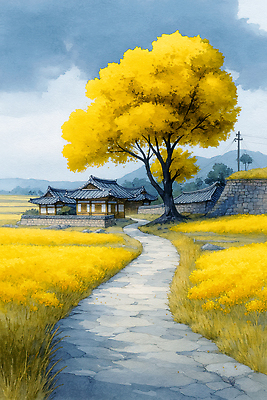 JPG 나무 구름 전통 일러스트 자연 하늘 산 한옥 한국 풍경 초원 담장 평화 마을 산책로 가을 농촌 조화 뷰티풀 색감 국내일러스트 AI일러스트 AI콘텐츠 자연요소 식물 한국전통 계절 아시아 길 컨셉 고건축 시골 생태계 파일형식