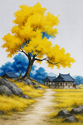 JPG 나무 전통 예술 고건축 일러스트 자연 한옥 주택 한국 풍경 초원 햇빛 노란색 고요 산책로 가을 은행나무 조화 풍경화 국내일러스트 AI일러스트 AI콘텐츠 식물 한국전통 건축물 계절 아시아 길 컬러 건물 태양 그림 생태계 파일형식