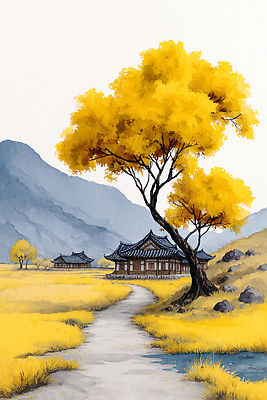JPG 나무 전통 문화 길 여유 단풍 고건축 일러스트 자연 산 거리 한국 풍경 초원 가을 황금 그림 방문 뷰티풀 풍경화 국내일러스트 AI일러스트 AI콘텐츠 식물 건축물 계절 감정 아시아 잎 생태계 파일형식