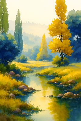 JPG 나무 물결 컬러 일러스트 자연 아침 휴식 풍경 초록색 빛 반사 평화 소리 산책 금색 가을 연못 숲 강가 조용 뷰티풀 국내일러스트 AI일러스트 AI콘텐츠 주간 식물 계절 컨셉 강 생태계 파일형식