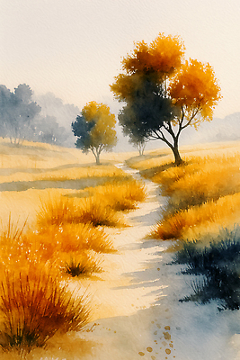 JPG 길 여유 일러스트 자연 생명 아침 풍경 초원 파란색 햇빛 평화 산책 금색 가을 소나무 조화 뷰티풀 색감 목가 국내일러스트 AI일러스트 AI콘텐츠 주간 나무 계절 감정 컬러 컨셉 휴식 태양 생태계 파일형식