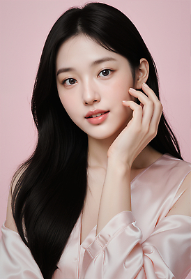 JPG 모델 편집이미지 긴머리 손 옷 여자 감정 얼굴 분홍색 포즈 백그라운드 미소 뷰티 촬영 매력적 우아함 의료성형뷰티 편집실사 AI인물포토 AI콘텐츠 헤어스타일 컬러 컨셉 표정 사람 신체부위 CG 파일형식 AI포토