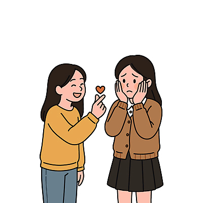 캐릭터 감정 일러스트 관계 표정 대화 사랑 웃음 손짓 소녀 친구 놀람 수능 스웨터 즐거움 수험생 소통 순간 유대감 국내일러스트 AI파일 여자 어린이 컨셉 상의 모션 고등학생 말하기 시험 파일형식 벡터