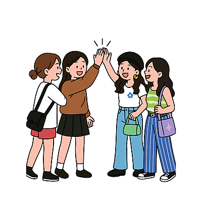 여자 감정 일러스트 모션 표정 대화 웃음 일상 캐주얼 친구 청춘 수능 만남 그룹 즐거움 수험생 하이파이브 소통 친목 순간 스타일 유대감 국내일러스트 AI파일 옷 컨셉 관계 고등학생 말하기 사람 손짓 라이프 시험 파일형식 벡터